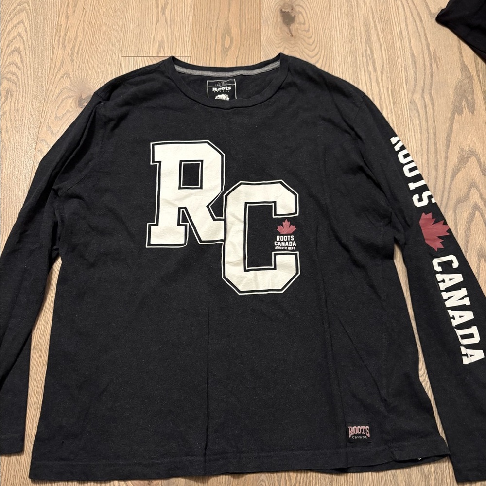 Roots Black Long Sleeve Tee with Varsity Style